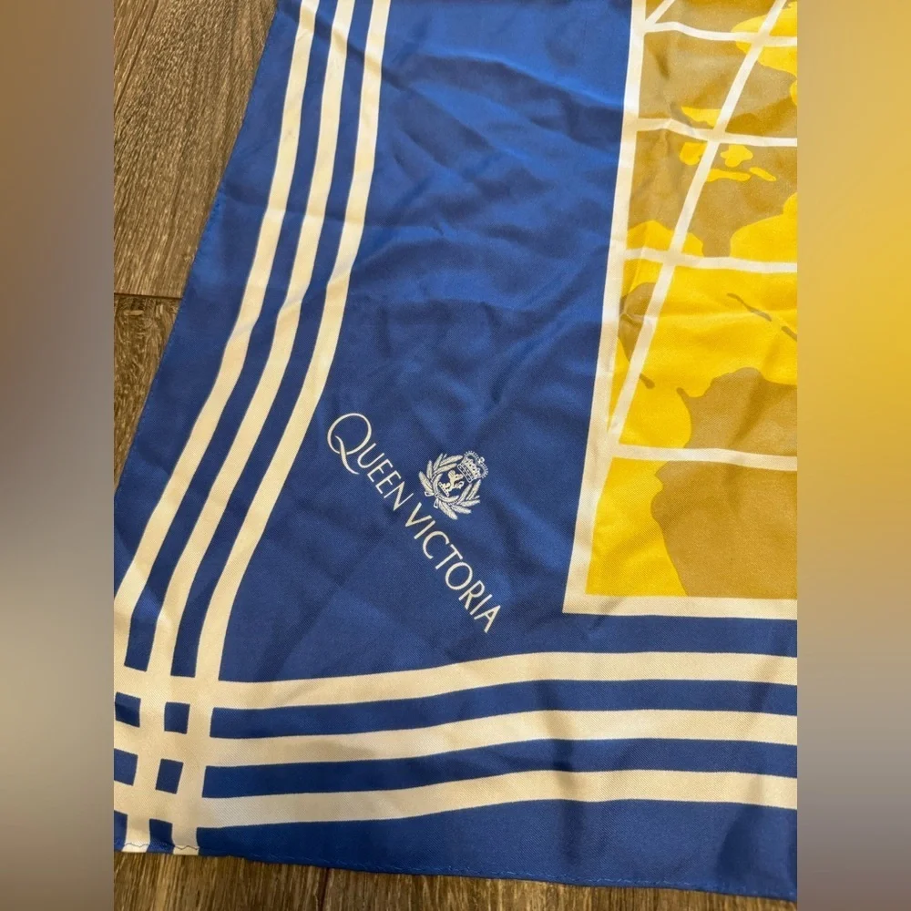 Vintage Queen Victoria Blue Yellow Silk Scarf